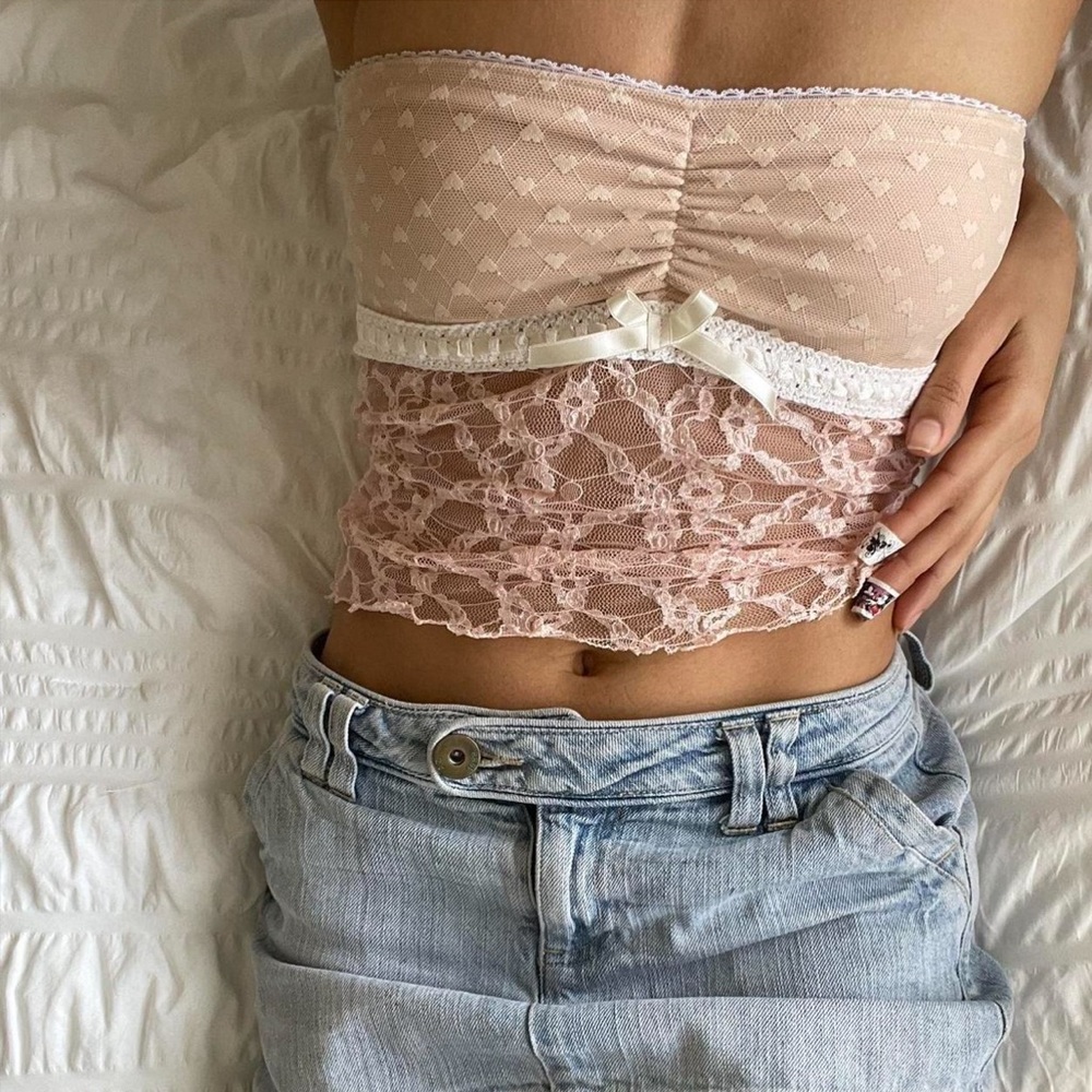 Handmade Pink Lace Heart Tube Top with Bow Extra Small